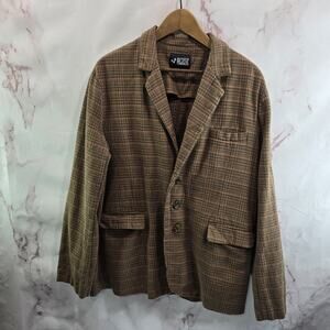 Rude Blazer Mens Large Brown Flannel Plaid Elbow Patches Hot Topic Suede